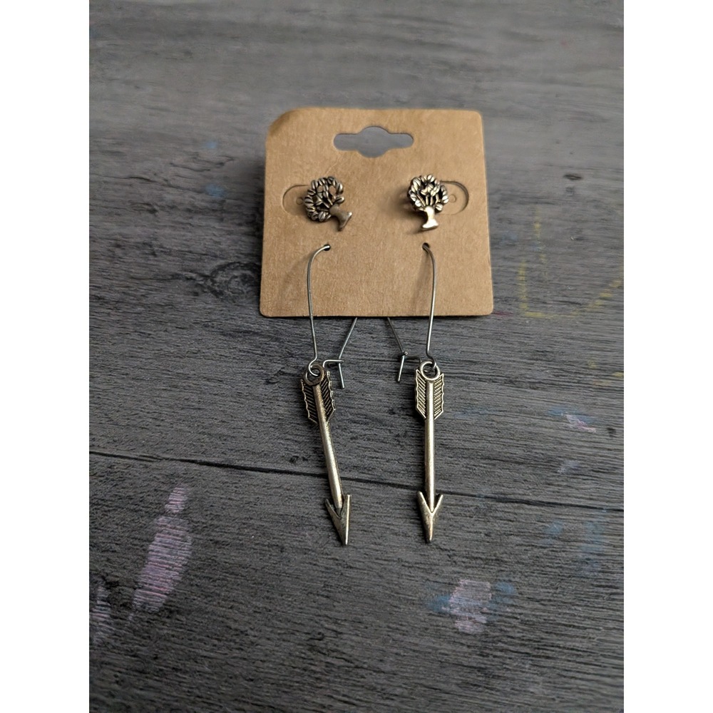 Silver Tone Tree Stud and Dangle Arrow Earring Set Boho Nature Jewelry
